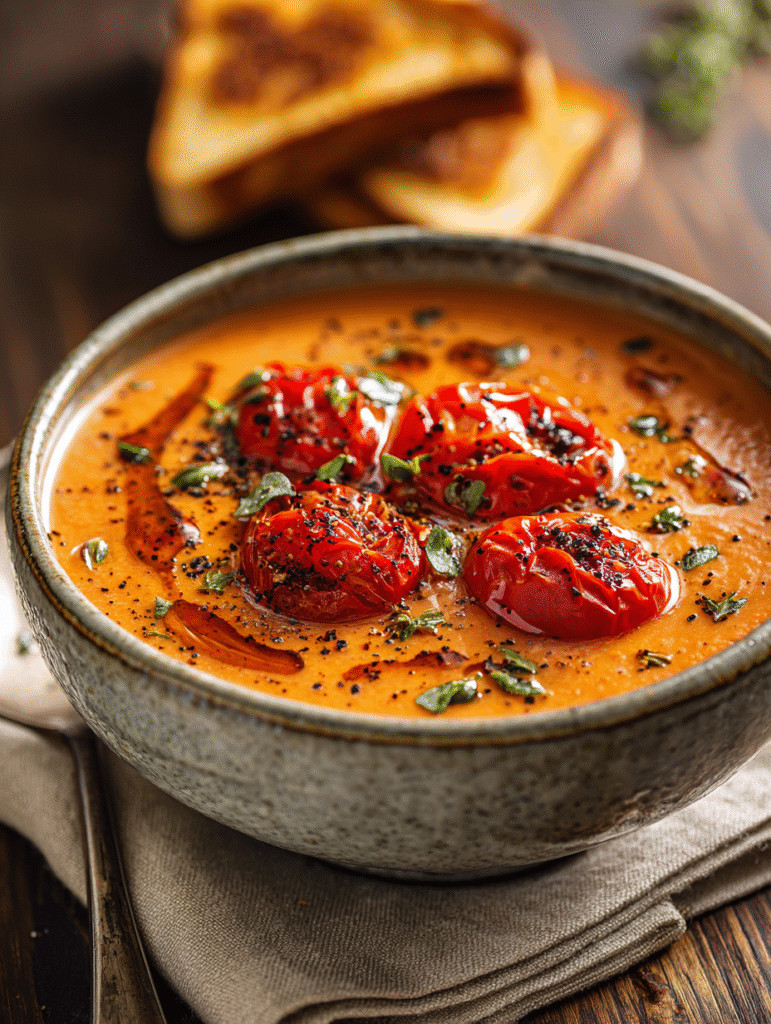 brahim a Bowl of creamy roasted garlic tomato soup topped wit 96d7af90 8f69 4054 8066 e464bb9bbb29 2