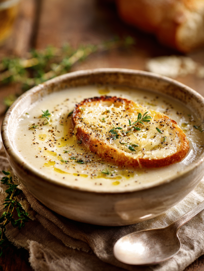 Rustic Country French Garlic Soup – A Timeless Bowl of Comfort & Tradition 6 brahim a Bowl of rustic country French garlic soup topped wit f0098514 3e01 492e bd0c 425de918a117 1