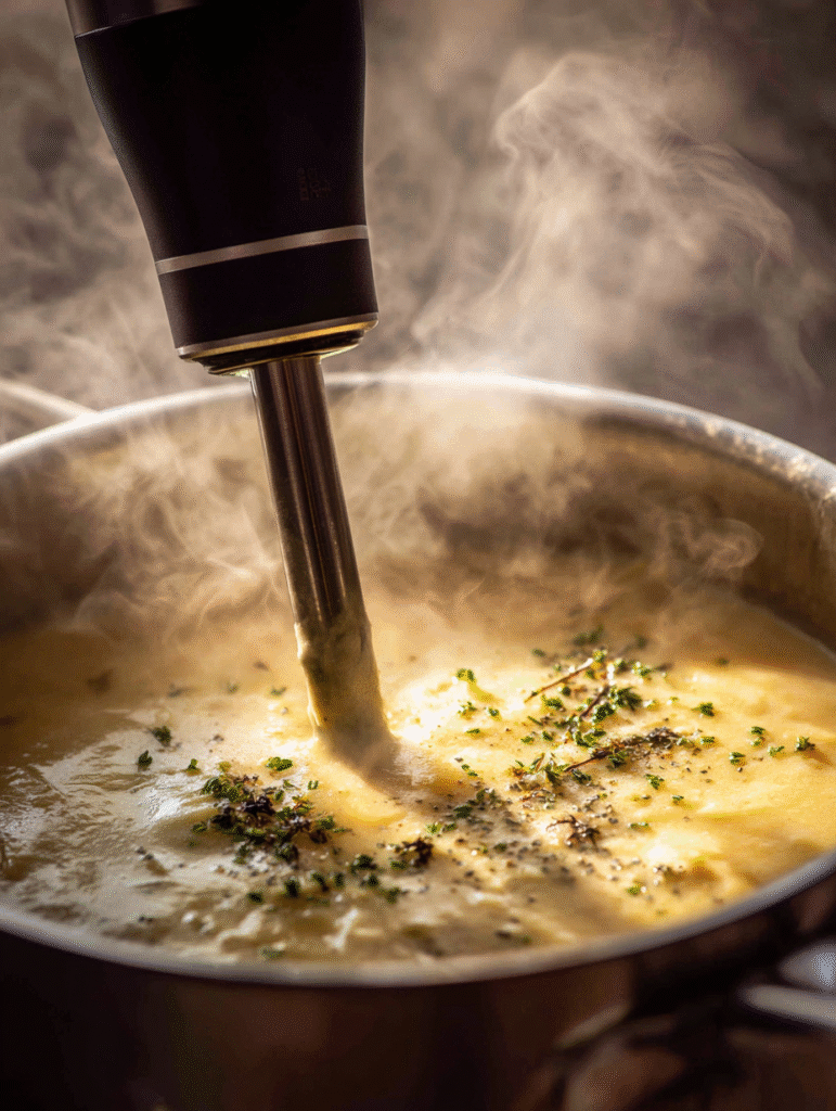 Rustic Country French Garlic Soup – A Timeless Bowl of Comfort & Tradition 5 brahim a Creamy garlic soup being blended with immersion blen 956ffee8 1b5e 41f0 a55e 21b2df81d484 2