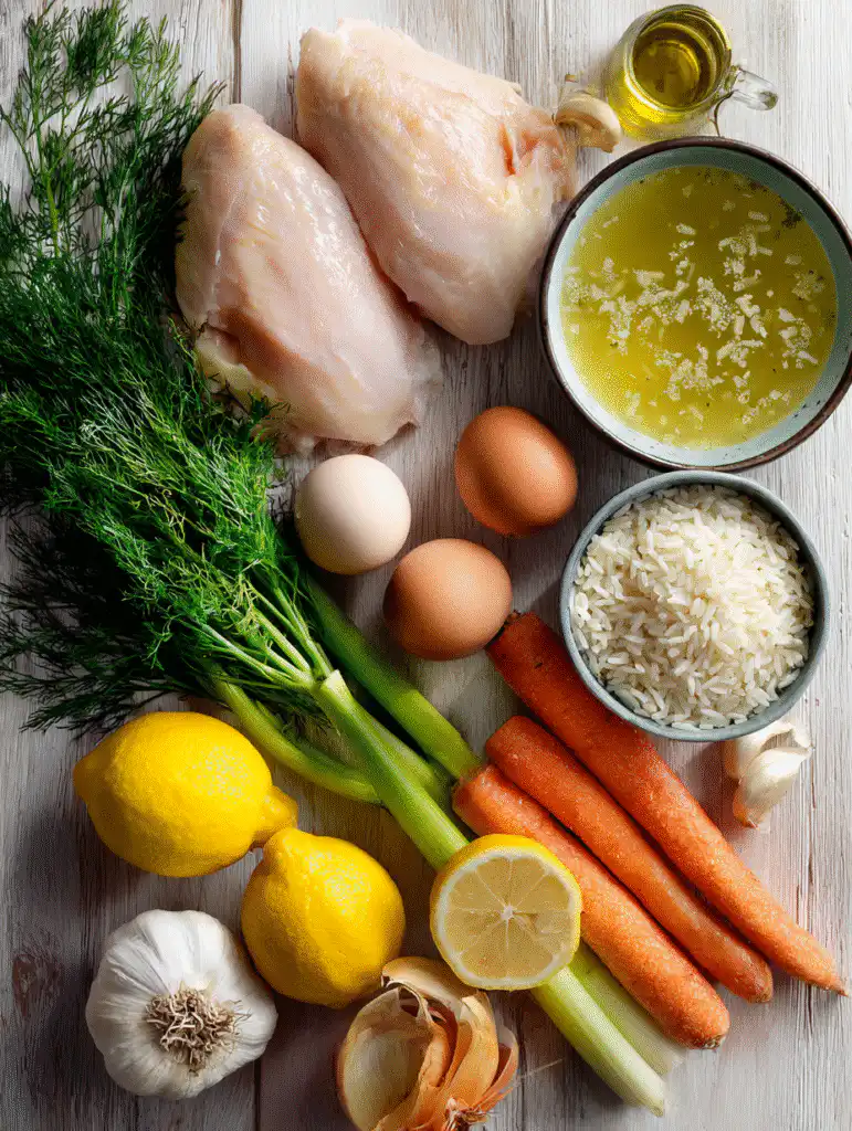 Cozy Greek Lemon Chicken Soup A Bright & Comforting Mediterranean Classic 3 brahim a Flat lay of ingredients for Greek lemon chicken soup 21b84e18 6146 4e0f 9f1c 68859168b440 1