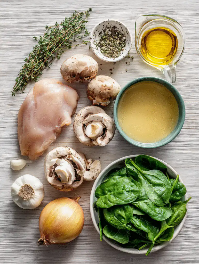 Clean Chicken Mushroom Soup The Ultimate Healthy & Comforting Bowl 3 brahim a Flat lay of ingredients for clean chicken mushroom s 905f0606 8cee 4553 b795 b0a996add2a1 1