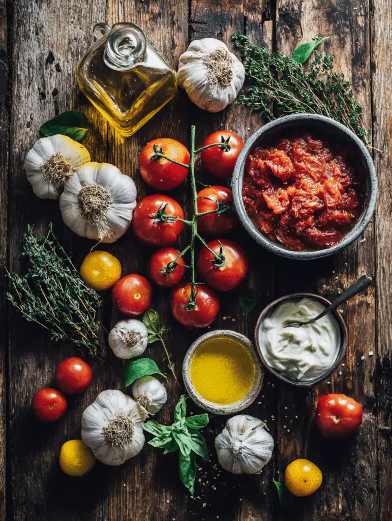 brahim a Flat lay of ingredients for creamy roasted garlic to 8fca9439 cfc7 427f a46b c0e1da0888b9 0