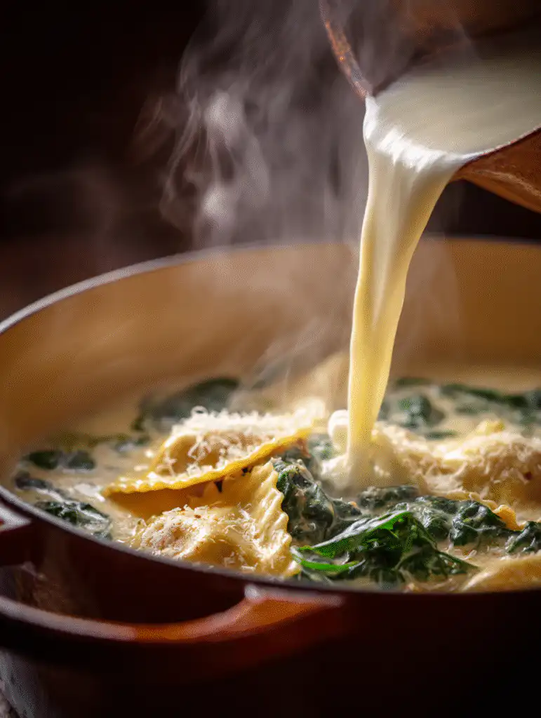 One Oven Ravioli Soup – The Ultimate Creamy Comfort Classic 4 brahim a Pouring heavy cream into a simmering ravioli soup in cea95298 6cc9 4a40 b915 7d9306416df0 2