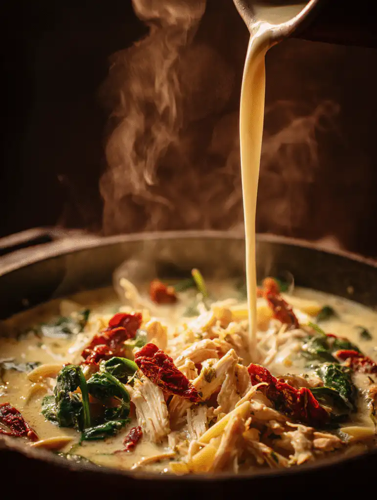 Tuscan Creamy Marry Me Chicken Soup The Ultimate Romantic Comfort Bowl 5 brahim a Pouring heavy cream into simmering Tuscan chicken so 1b3cf173 8790 487e bbef 9b03b2f12ba6 1 1