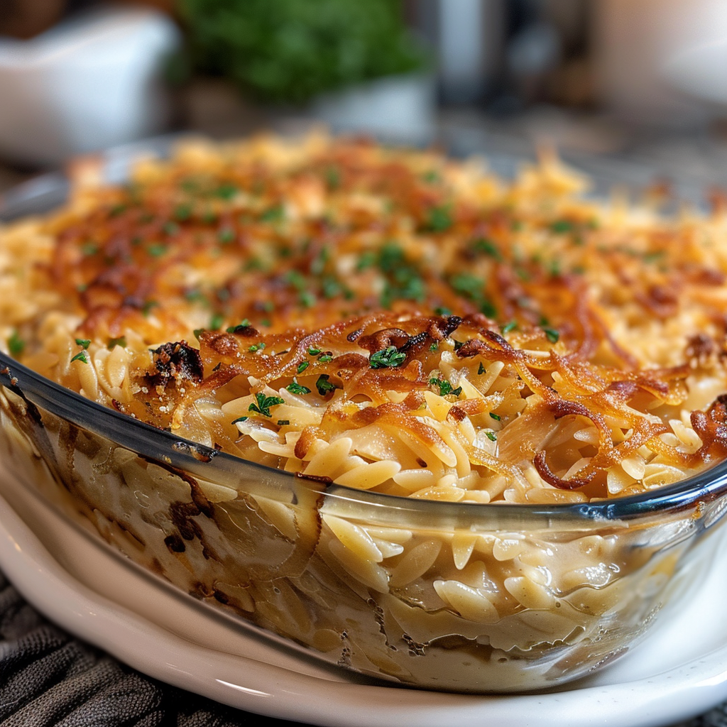 French Onion Chicken Orzo Casserole