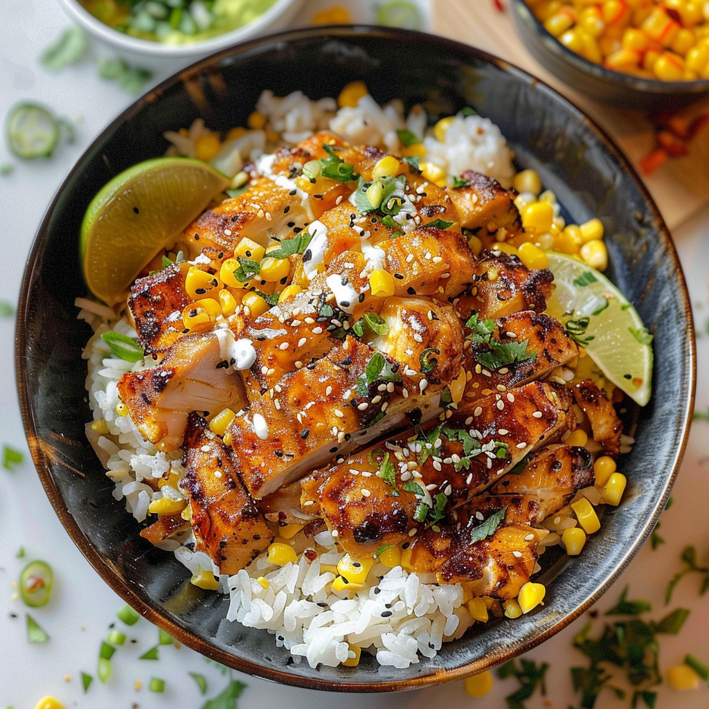 Street Corn Chicken Rice Bowl with Zesty Lime Crema
