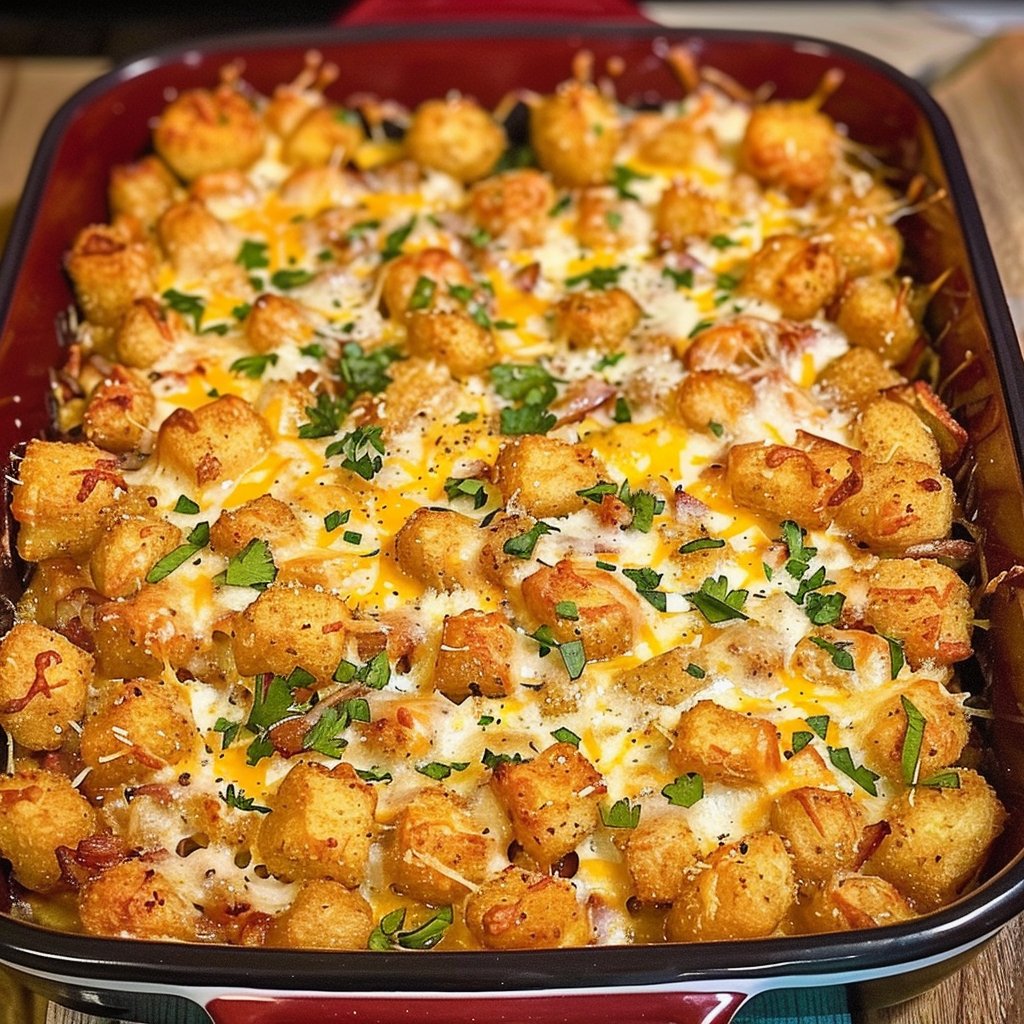 Tater Tot Casserole with Melted Cheese and Savory Toppings