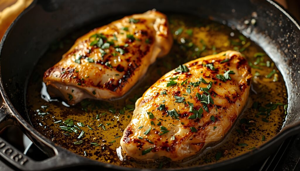 lucid origin Garlic butter chicken in a skillet golden seared chicken breasts with herbs and 0