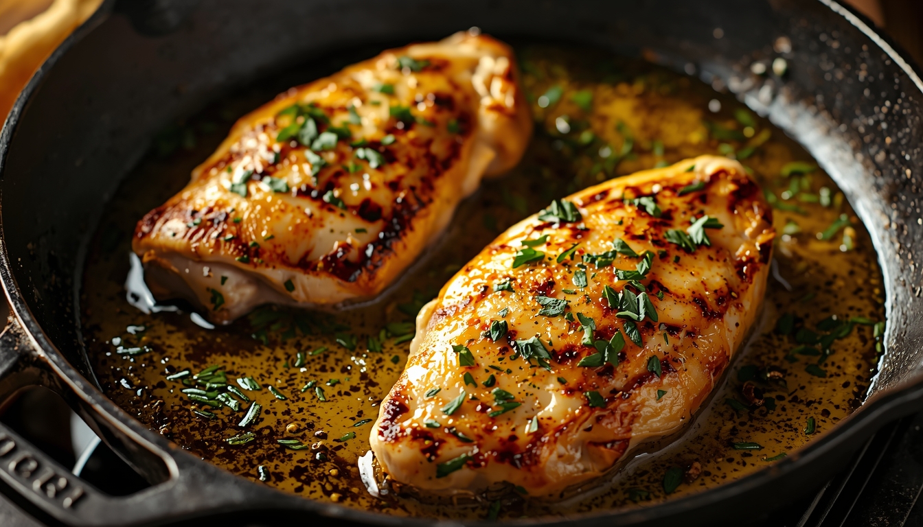 lucid origin Garlic butter chicken in a skillet golden seared chicken breasts with herbs and 0