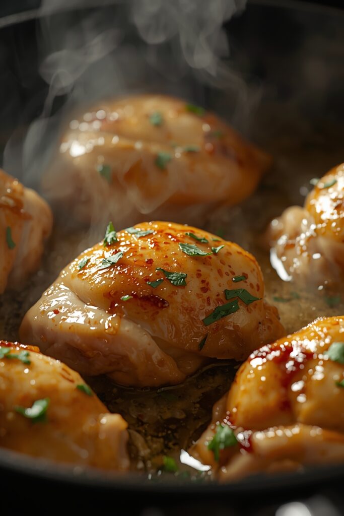 lucid origin chicken cooking in skillet with bubbling garlic butter sauce close up steam risi 0