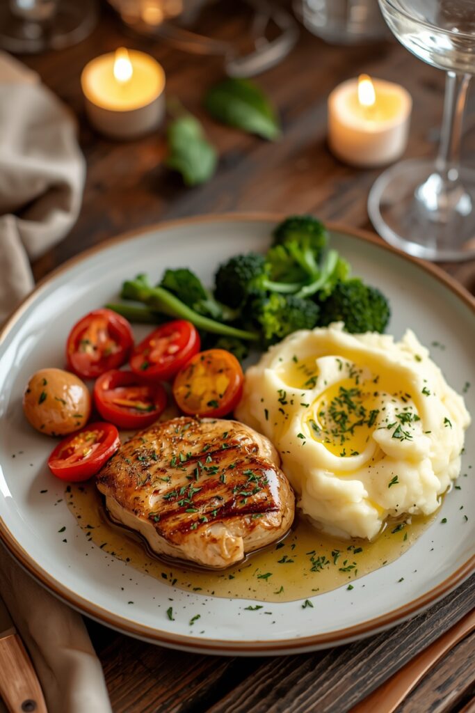 lucid origin plated garlic butter chicken with mashed potatoes and vegetables elegant plating 0