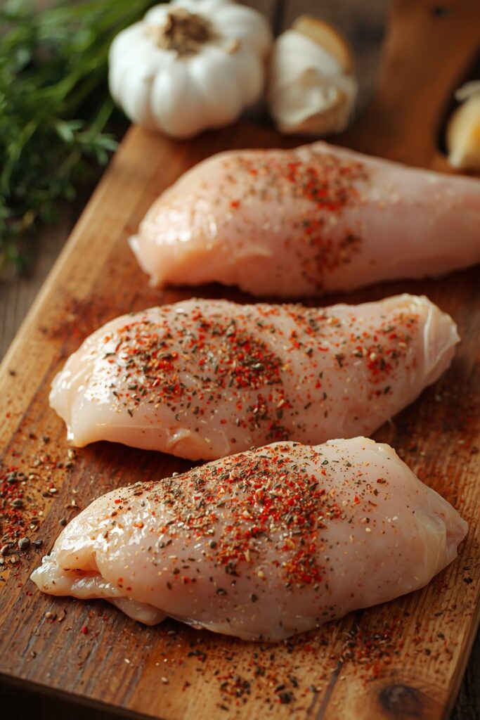 lucid origin raw chicken breasts seasoned with spices on wooden board garlic cloves and herbs 0