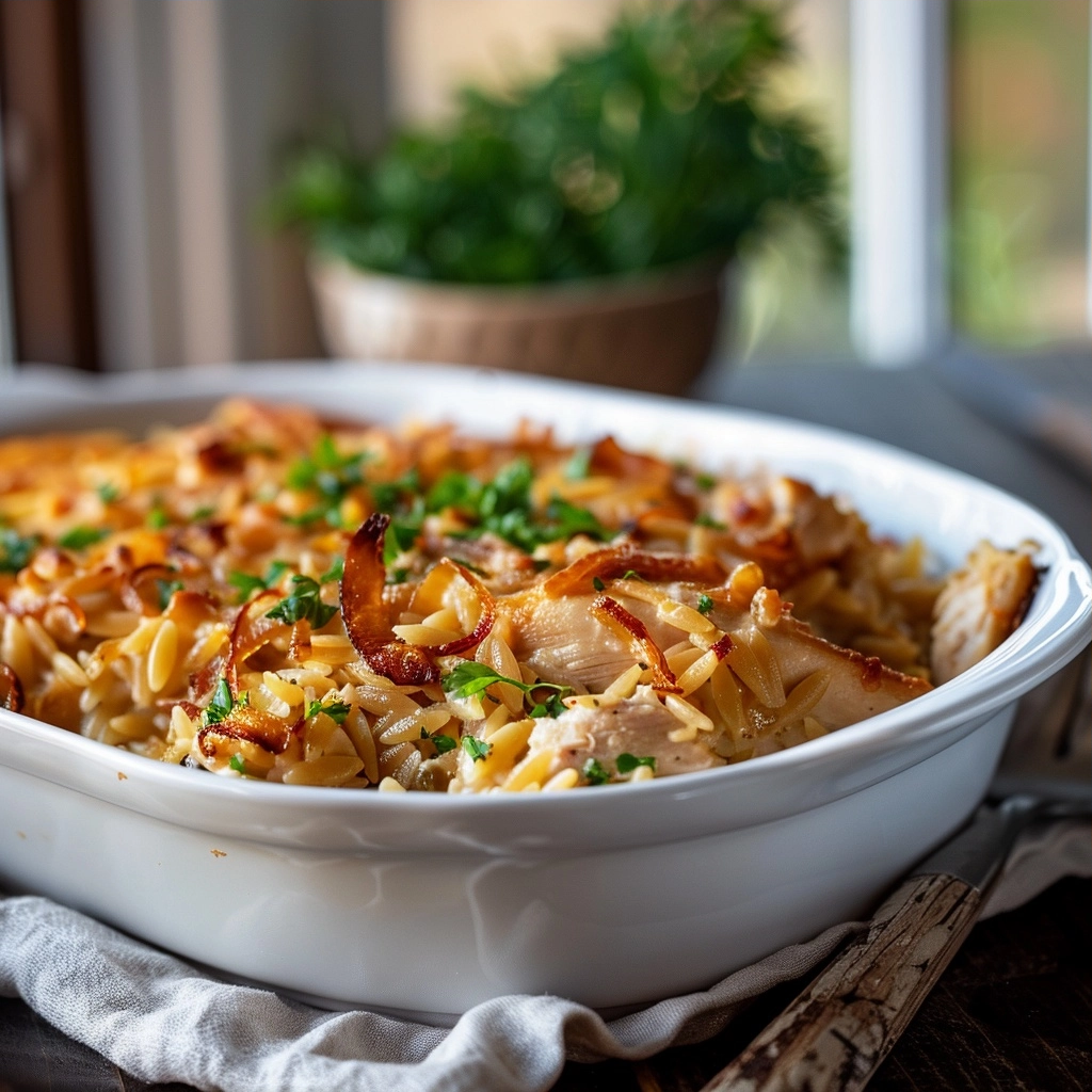 French Onion Chicken Orzo Casserole