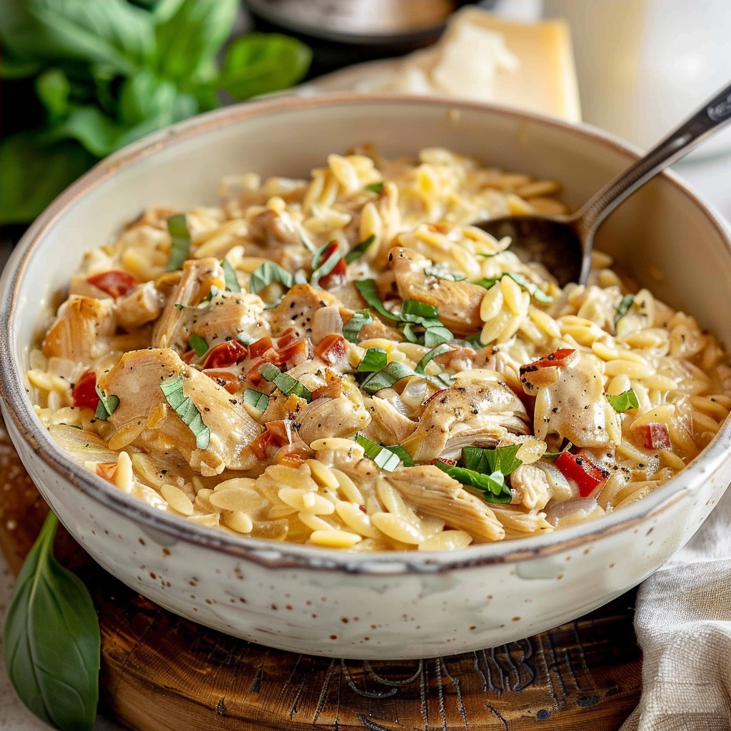 Slow Cooker Creamy Tuscan Chicken Orzo