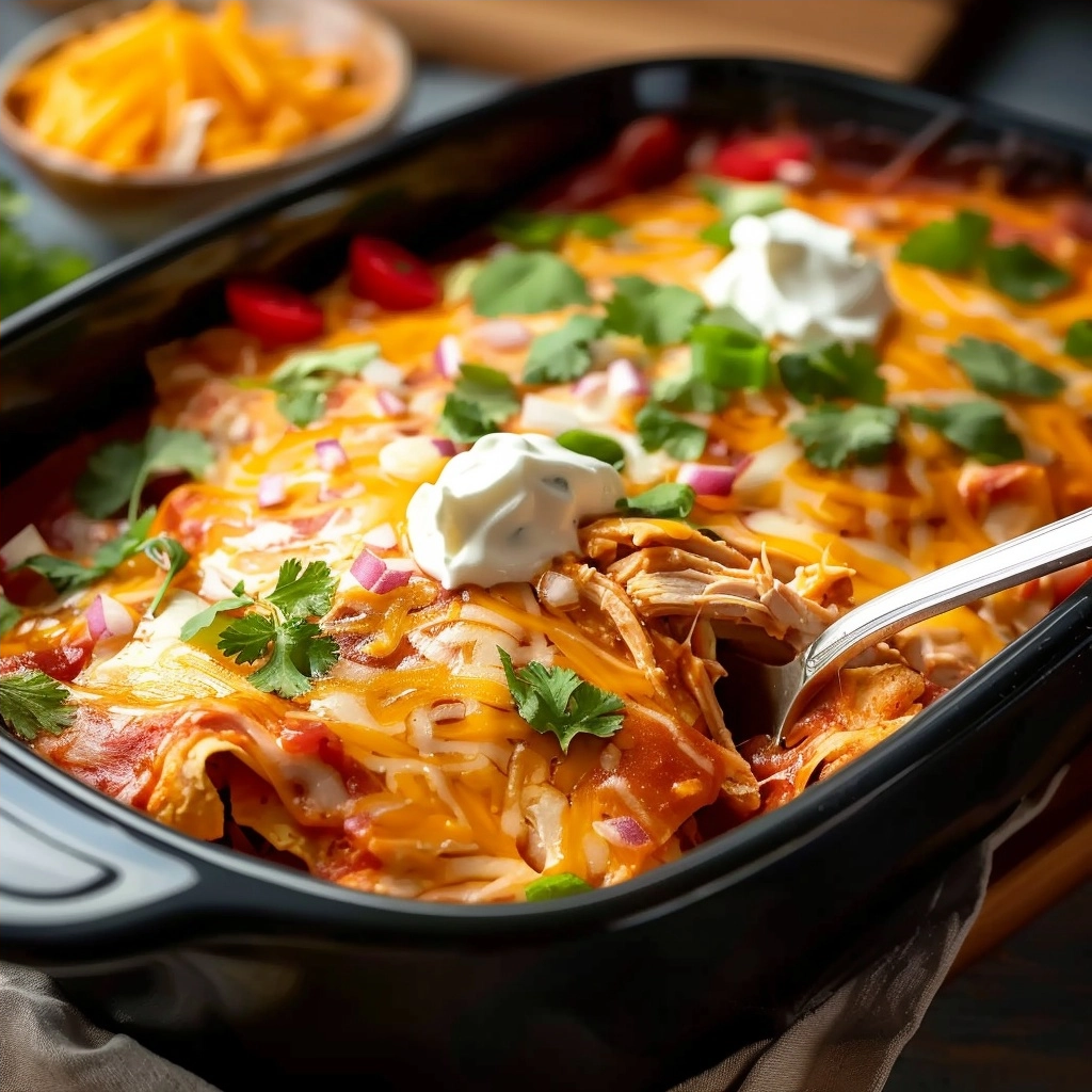 Juicy Crockpot Chicken Enchilada Casserole Recipe