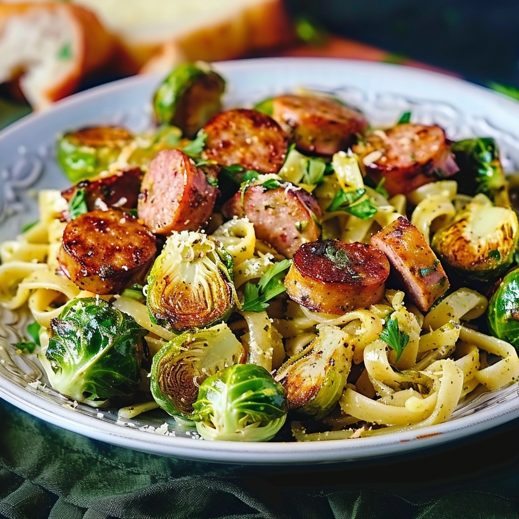 Pesto Pasta With Chicken Sausage and Roasted Brussels Sprouts