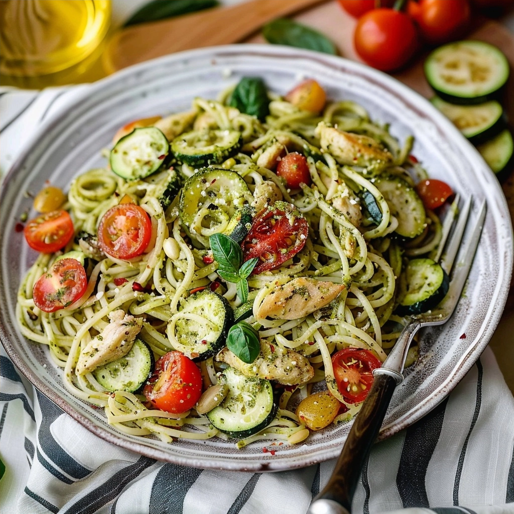 Summer Pasta Basil Pesto Chicken Spaghetti With Veggies
