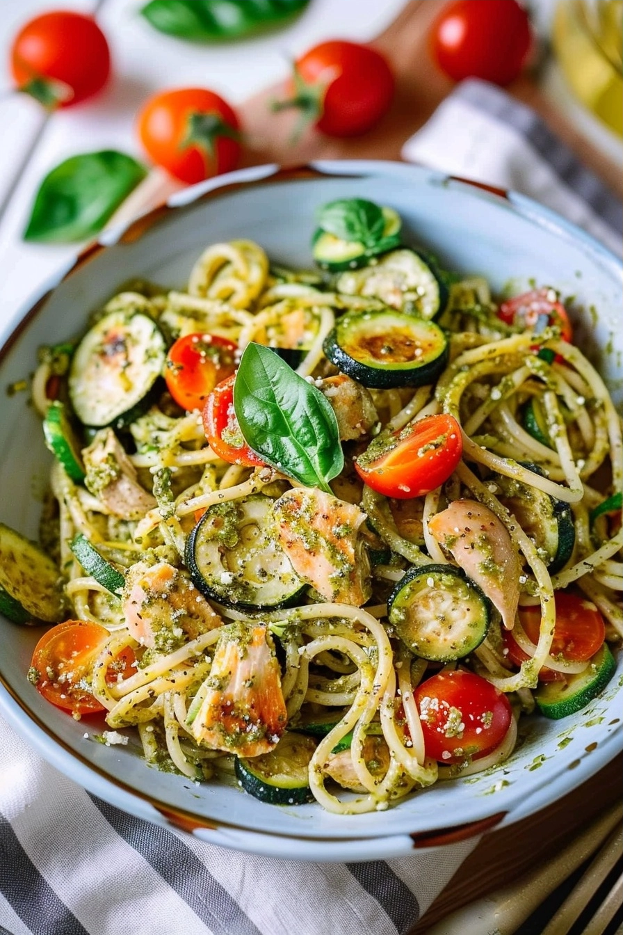 Summer Pasta Basil Pesto Chicken Spaghetti With Veggies 2 image 1784408673804